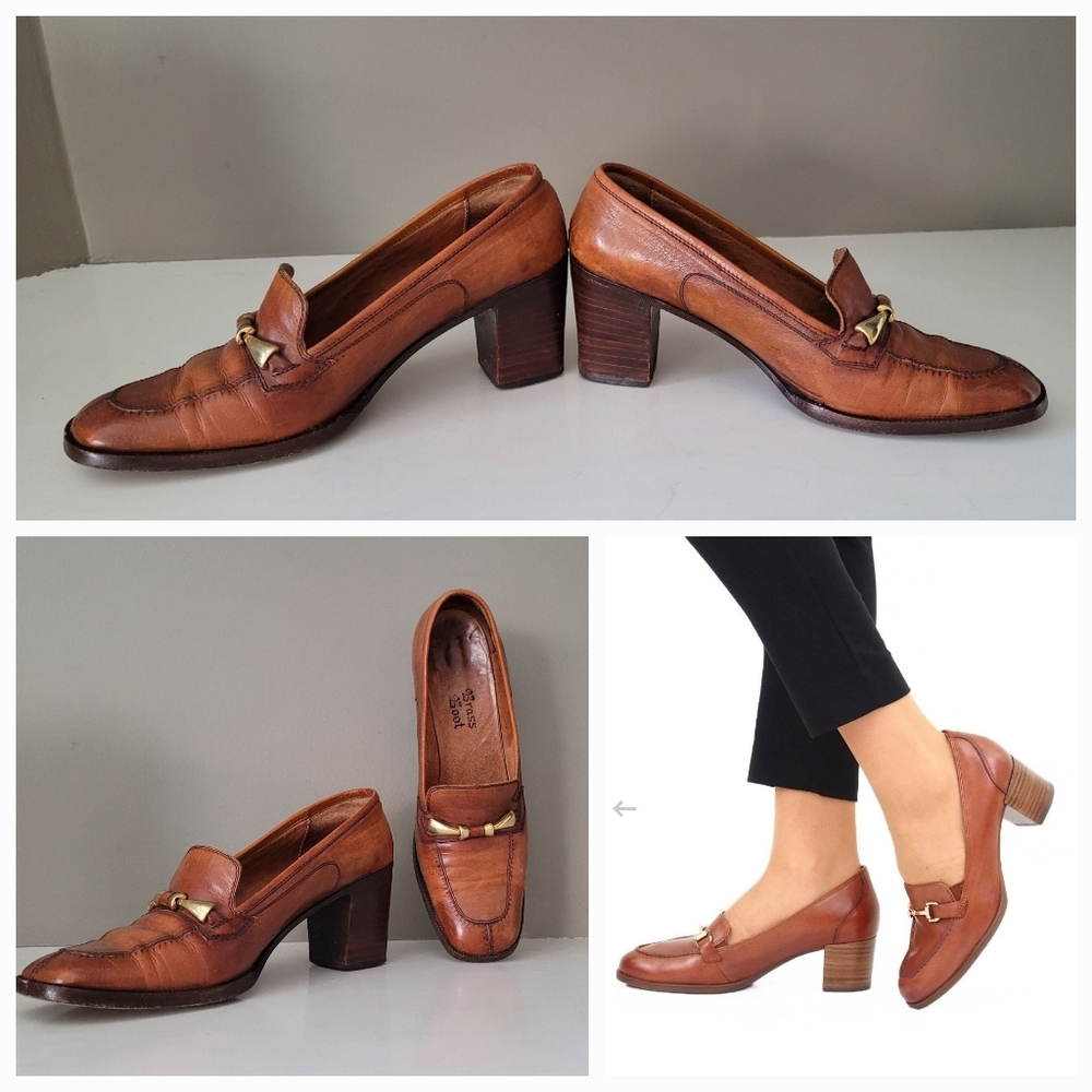 Vintage Beautiful Cognac Color Leather Loafers Womens Sz 7 N. Made in italy